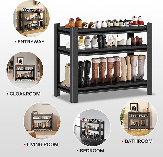 Storage Shelves, Garage Metal Shelving Unit, Adjustable, Double-Layer Column with Reinforced Ribs, Heavy-Duty, Capable of Bearing 600-3600 lbs (Black, 32 * 20 * 14, 3-Tier)