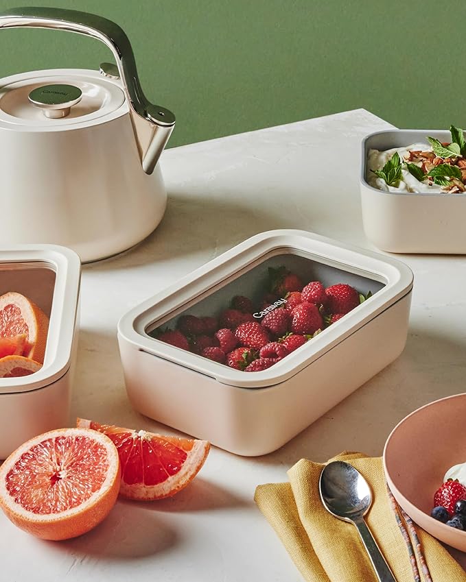 Caraway Glass Food Storage - 6.6 Cup Glass Container - Ceramic Coated Food Container - Non Toxic, Non Stick Lunch Box Container with Lids - Dishwasher, Oven, & Microwave Safe - Mist
