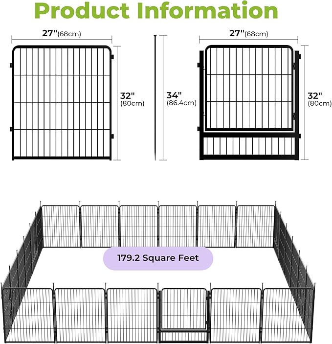 SunsGrove Garden Fence with Gate, 32 in(H) x 53.5 ft(L) 24 Panels Heavy Duty Metal Animal Barrier Fence for Yard, Suitable for Indoor or Outdoor Dog Pet Fence, Garden Fence Border, Black
