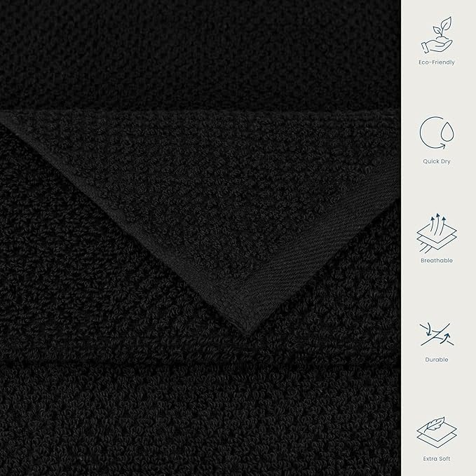 CASA COPENHAGEN Popcorn Textured 6 Piece Towel Set- Black, 550 GSM 2 Bath Towel 2 Hand Towel 2 Washcloth, Rough & Tough Use Cotton Towels Gift Set for Bathroom