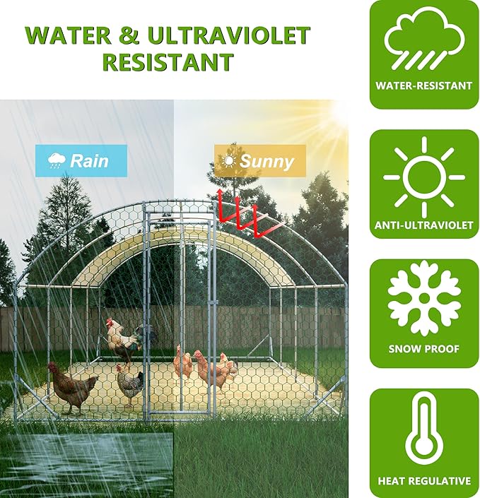 Large Metal Chicken Coop, Walk-in Chicken Run Cages with Waterproof and Anti-Ultraviolet Cover for Outside(10' L x 26 W x 6.56' H) Dome Top