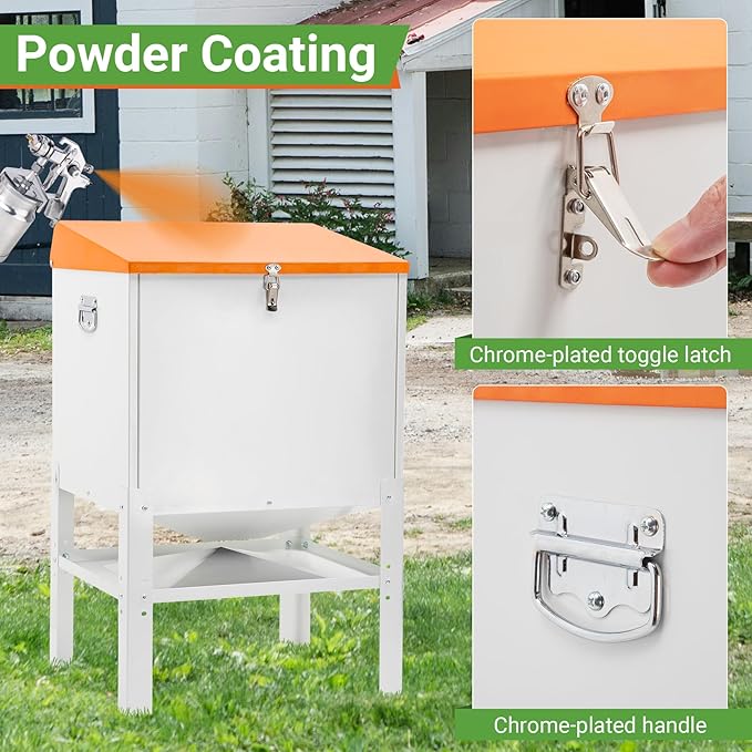 Chicken Feeder, 85LBS Capacity Metal Poultry Feeder (18” x 15.1” x 29.5”) for 16 Chickens, Powder-Coated Steel Feeder w/Waterproof Lid and Stainless Handles