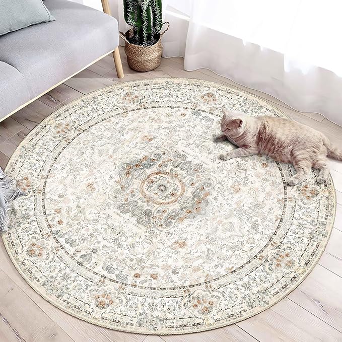 Boho Round Rug 4ft,Washable Circle Area Rugs for Bedroom Bathroom Entryway,Beige Vintage Bohemian Distressed Oriental Floral Carpet Non Slip