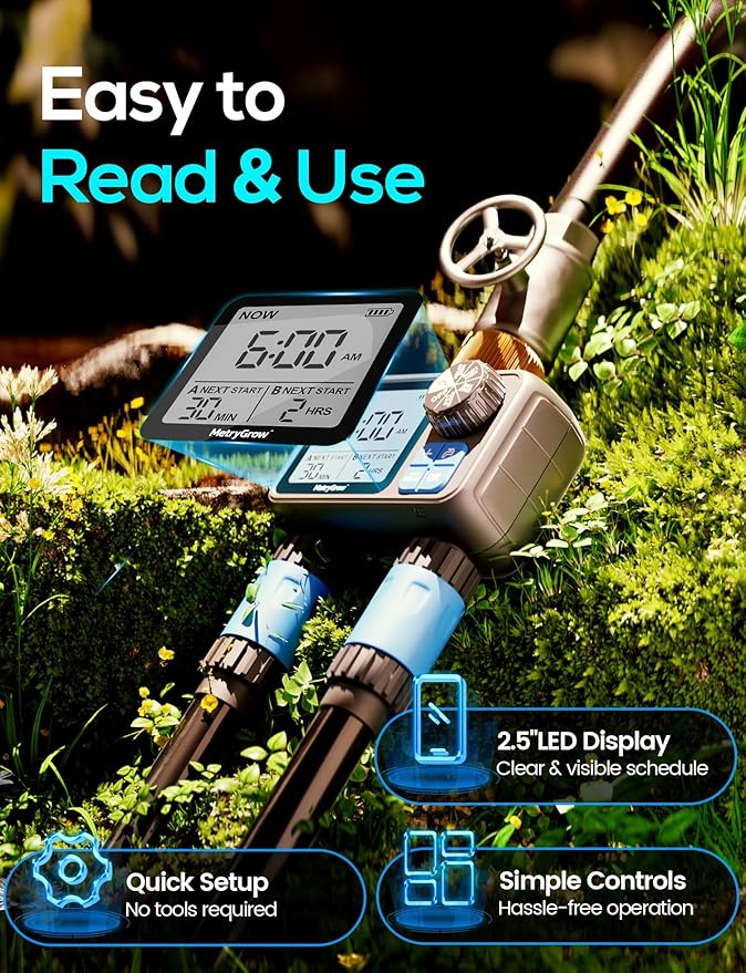 Sprinkler Timer, Programmable Irrigation Water Timer with 2 Brass Inlet for Garden Hose, Automatic Watering System for Yard Lawn, Rain Delay