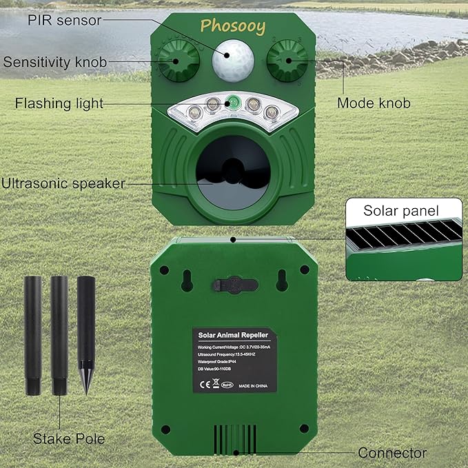 2 Packs Solar Ultrasonic Animal Repeller, Waterproof Mode-Adjustable Animal Deterrent Device with Flashing Strobe Lights to Repel Cats, Dogs, Squirrel, Rats, Skunks, Raccoons and Deer