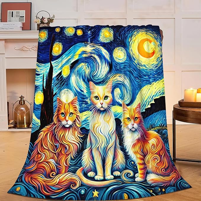 Cat Blanket Starry Night Throw Blanket Soft Warm Cozy Fuzzy Plush Kitten Throw Blanket Gifts for Girls Women Cats Lightweight Fleece Flannel Gift Blankets for Kids Adults 50"X60"