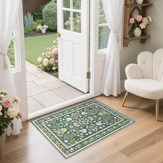 Door Mat Entrance Rug: 2x3 Washable Area Rug Boho Floral Small Rug - Non-Slip Low Pile Throw Indoor Carpet for Entryway Kitchen Front Door Bathroom Entry Kids Room - Green