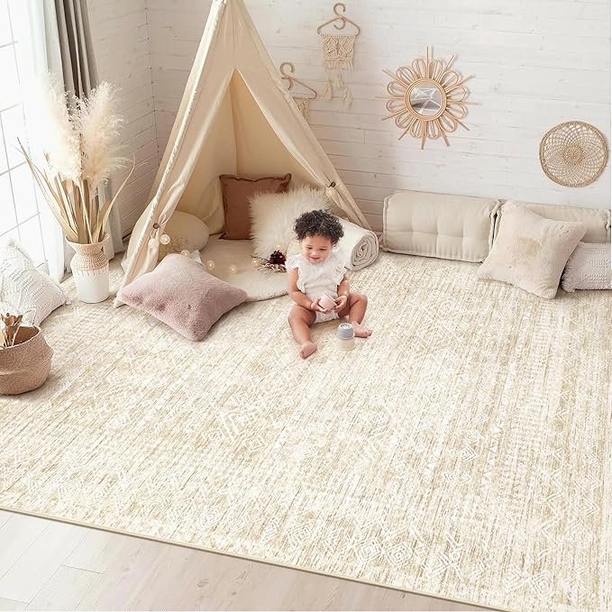 Washable Area Rug 5x7: Moroccan Rug for Living Room Geometric Boho Rug Farmhouse Non Slip Stain Resistant Rugs Low Pile Soft Carpet for Bedroom Dining Room Home Office Children Room (Beige,5'x7')