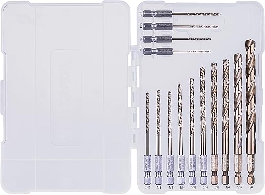NordWolf 14-Piece M35 Cobalt Drill Bit Set for Stainless Steel, Hard Metals & Cast Iron, Jobber Length with 1/4" Hex Shank, SAE Sizes 1/16" to 3/8" in Storage Case