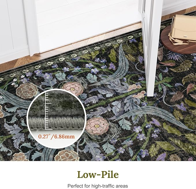 AMTOVO 6x9 Washable Area Rugs for Living Room, Non-Slip Large Soft Boho Floral Vintage Accent Print Carpet for Bedroom Classroom College Dorm Dining Room Farmhouse Nursery Home Office, Black