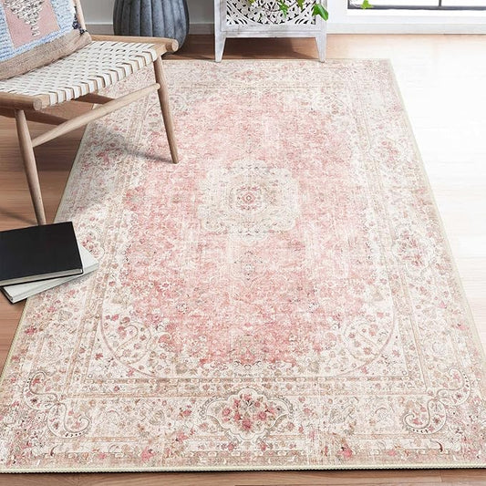 Pink Rug 4'x6.5',Washable Area Rugs for Bedroom Living Room Kitchen Entryway,Small Boho Vintage Bohemian Distressed Non Slip Carpet,Blush