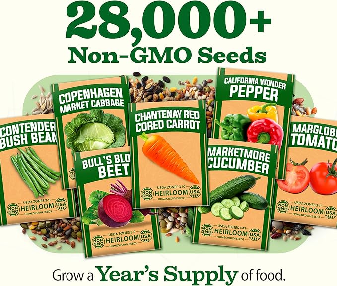 HOME GROWN 55 Vegetable Seeds Pack 28,000+ Non-GMO Heirloom Seeds for Planting Vegetables, Survival Seed Vault, Garden Kit for Spring Fall Winter, Gift for Gardeners