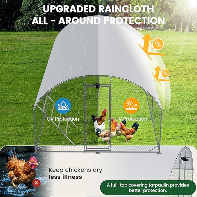 Chicken Coop Large Metal Chicken Run with Full-Top Waterproof Cover - Chicken House for 24/30 Chickens, Poultry Cage with Solar Light, Backside Poles, Walk-in Pen for Rabbits Ducks Yard 3 Room