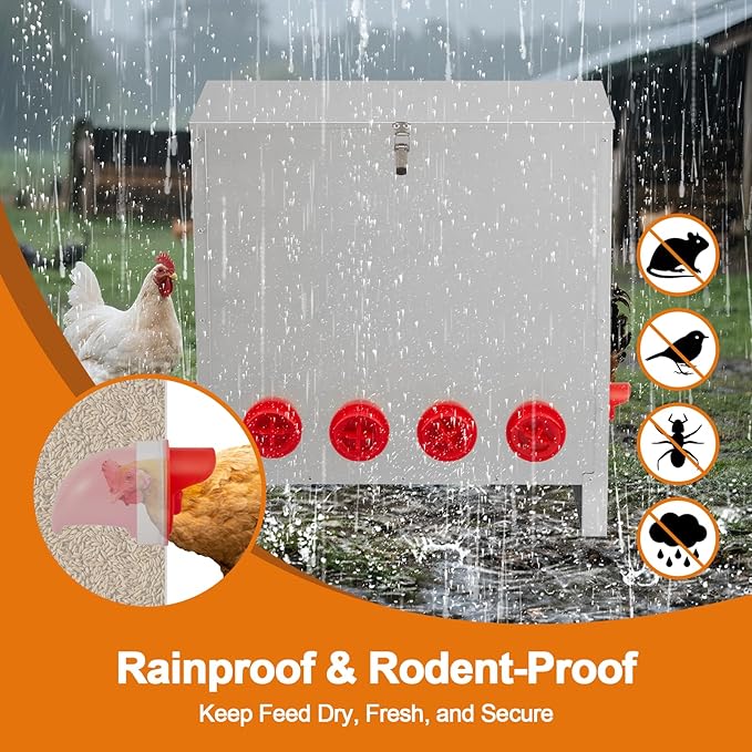 Automatic Chicken Feeder 85-120lbs Capacity, Galvanized Metal Poultry Feeding Equipment, Rainproof & Rodent Proof Large Chicken Food Dispenser for Backyard Coop & Farm Use (6 Ports)