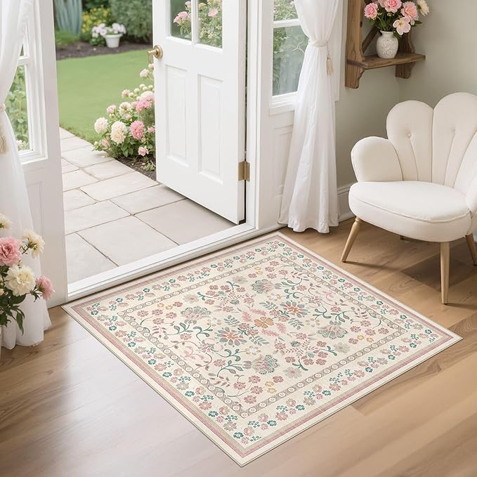 Square Area Rugs : Washable 4x4 Floral Carpet for Living Room Bedroom - Soft Floor Mat with Non Slip Backing for Kitchen Nursery Dorms Farmhouse Home Decor - Pink