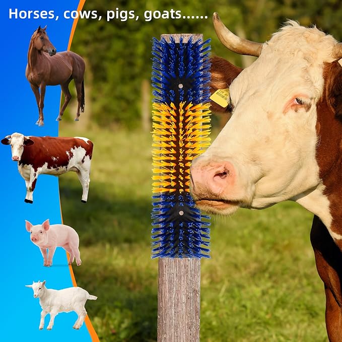 Livestock Scratch Brush for Cattle, Horses, Goats, Cow, Durable Scratching & Massage Grooming Tool for Healthy Coat, Relieves Itching, Easy Install on Fence Posts(2pcs, Yellow)