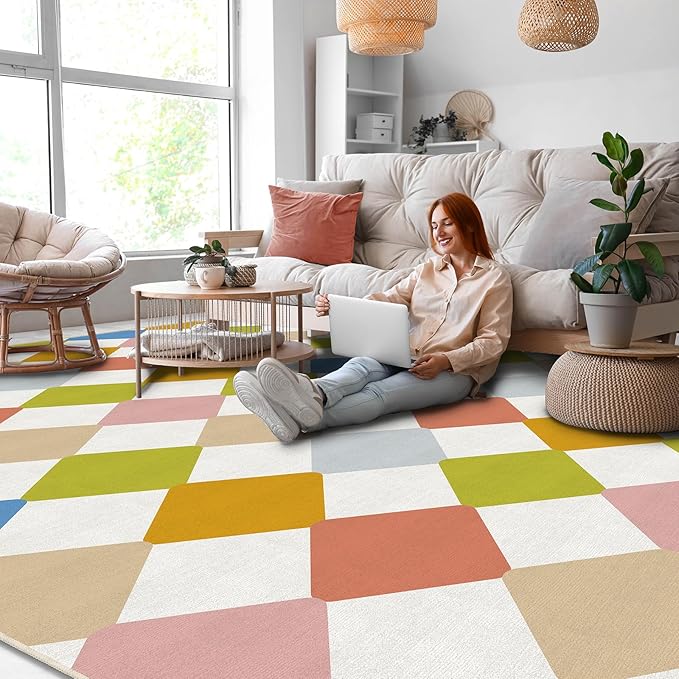 Checkered Washable Geometry Diamond Area Rugs 5x7 Modern Colorful Soft Large Carpet for Children's Room Living Room Entryway Bedroom Non-Slip