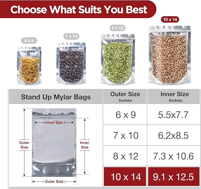 BELLE KR® 50 Pcs 1 Gallon Mylar Bags for food storage - 9.5 mil - Gusseted Mylar Bags 1 Gallon Resealable & Heat Sealable for Long Term Food Storage - Labels Included