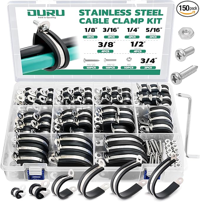 150PCS Cable Clamps with Screws Assortment Kit 304 Stainless Steel Rubber Coated Cushioned Insulated Wire Pipe Clamps 11 Sizes—3/16" 1/4" 5/16" 3/8" 1/2" 5/8" 3/4" 1" 1-1/4" 1-1/2" 1-3/4"