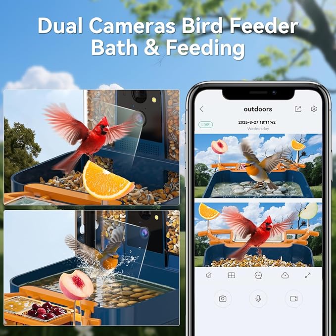 Dual-Lens Bird Feeder with Camera & Bird Bath Combo, Watch Birds Eat & Bathe with WiFi 2K HD Video, Auto Record, AI Recognition, APP Alerts, Solar Powered, for Backyard Garden Porch Fence Decor