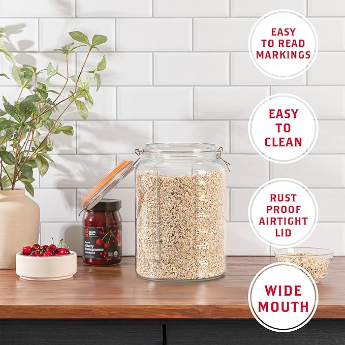 kitchentoolz 1 Gallon Glass Mason Storage Jars with Airtight Lids & Measurment Marks, Super Wide Mouth Canning Jars with Large Capacity for Pickles, Water Glassing & Overnight Oats - 2 Pack