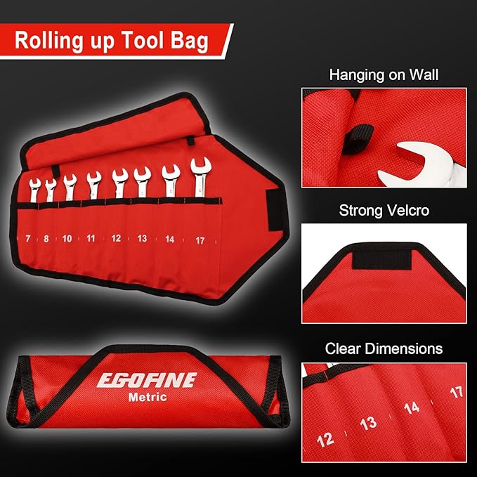 Egofine 8-Piece Ratcheting Wrench Set, Cr-V Steel Mertic Wrench Set from 7mm to 17mm wrench, 72 Teeth Ratchet Wrench, 12 Point Open End & Box End Combination wrench set with Roll Up Pouch