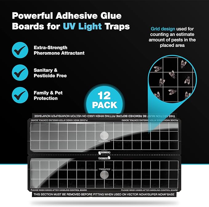 Catchmaster Vector Trap Replacement, UV Light Fly Traps for Home, Unscented Sticky Gnat Glue Boards for House, UV Lamp Insect & Mosquito Killer Refill, Adhesive Bug Light Boards, 12-Pack Black