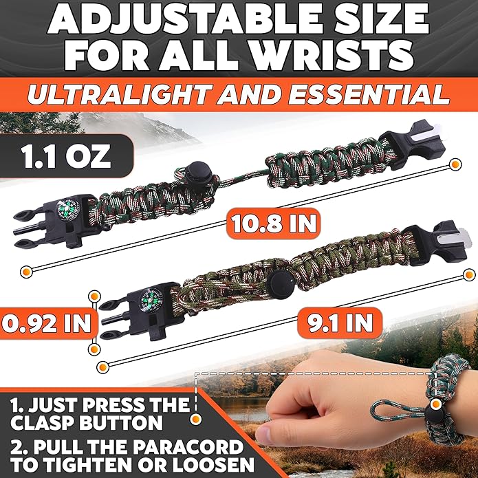 2Pack Survival Paracord Bracelet – 5-in-1 Adjustable Tactical Bracelet for Men with 10 ft Paracord, Flint Fire Starter, Compass, Whistle & Scraper – Survival Gear for Camping, Hiking, Fishing & Travel