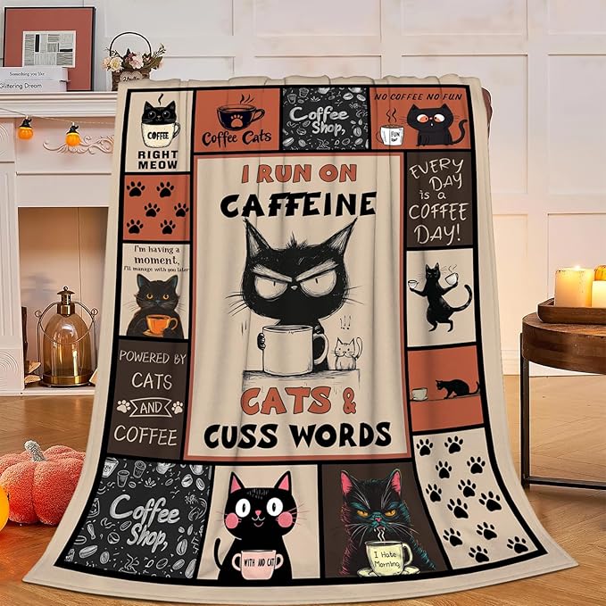 Coffee Blanket, Black Cat Coffee Throw Blanket, Cafe Gifts Blankets Stuff Fleece Flannel Plush for Girls Women Men Boys Lovers Adults Soft Bedding Gift for Sofa Bed Office Home Decor 60"x50"