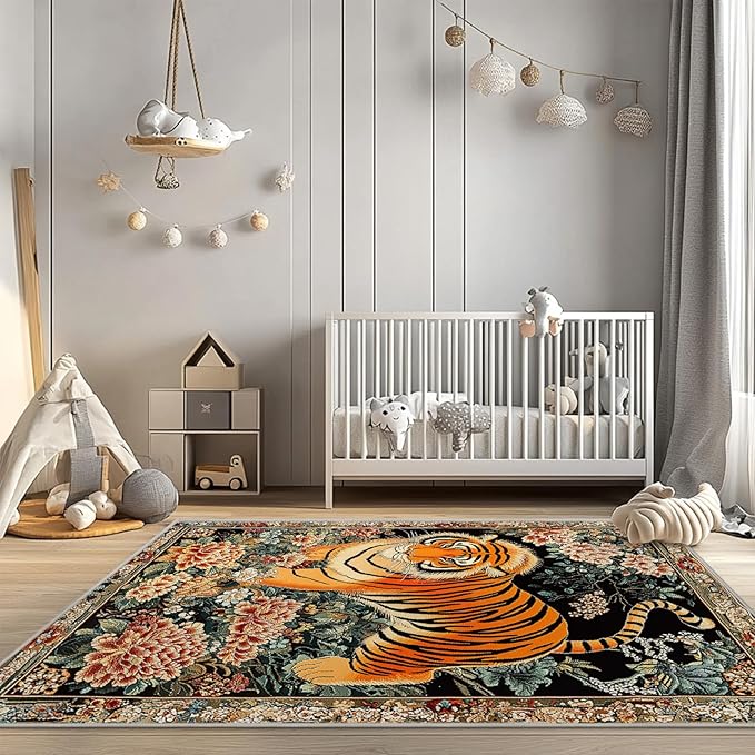 4x6 Tiger Area Rugs Boho Tiger Rug for Living Room Indoor Soft Non-Slip Thin Large Carpet Vintage Rugs for Bedroom Home Decor Under Table Washable Machine