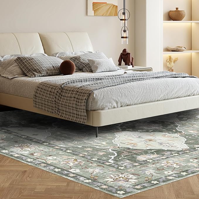 Boho Vintage Area Rugs 6×9 Washable Non-Slip Traditional Green Area Rug for Living Room Bedroom Dining Room and Farmhouse