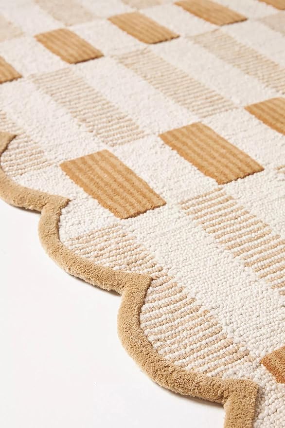 Hand-Tufted Wool Area Rug with Scalloped Edges, Neutral Beige Plaid Pattern, Cozy Soft Accent Rug for Living Room, Bedroom, and Nursery, Handmade Decorative Carpet, 2.5x10 Ft (Runner)