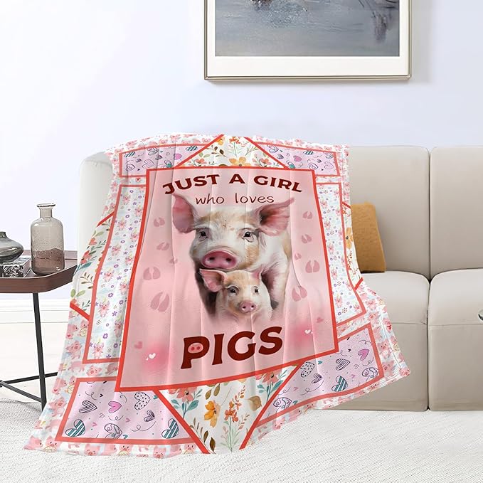 Cute Pig Blanket Just A Girl Who Loves Pigs Throw Blanket Ultra Soft Cozy Fleece Flower Animal Gift Fuzzy Plush Bedding Blankets for Kids Teens Adults Girls Boys Women Men 60"x50"