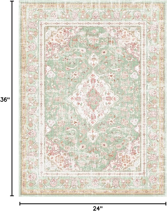 Vhong Washable Area Rugs Boho Vintage Modern Neutral Small Carpet Green and Pink High Traffic Rugs 2×3 for Bathroom Kitchen Entryway Non Slip