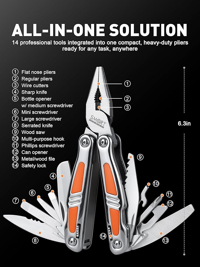 SMART JERRY 14-in-1 Multitool Pliers with Gift Box & Sheath | Premium Self-Locking Foldable Multi Tool for DIY, Camping, EDC | Stainless Steel Pocket Knife | Ideal Gifts for Men, Dad, Husband