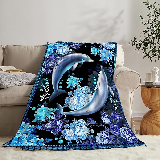 Dolphin Blanket Gifts for Girls Boys Soft Warm Plush Ocean Dolphin Throw Blanket Flannel Fleece Fuzzy Stuff Blanket for Bed Couch Living Room Decor 80"X60"
