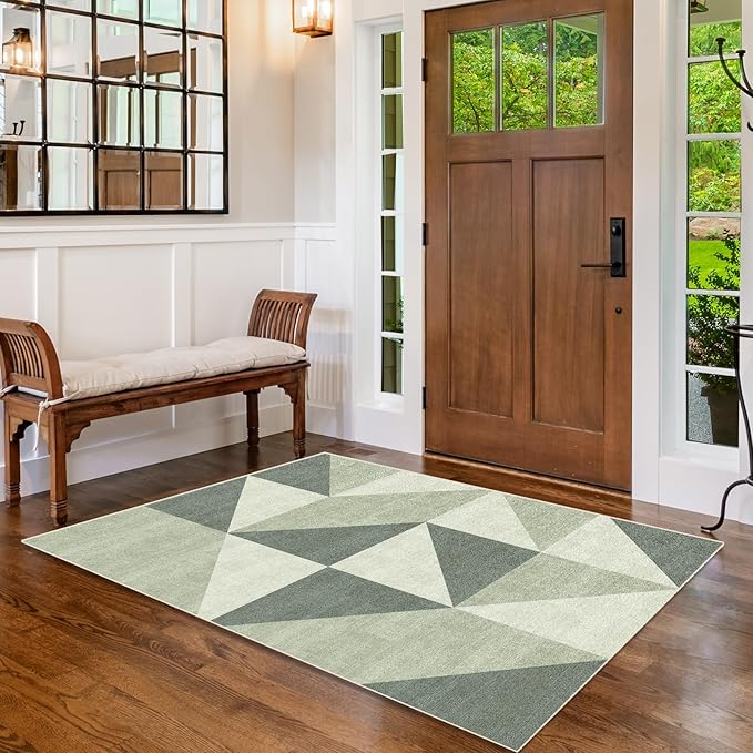 Washable Geometric Green Area Rugs 3x5 Modern Neutral Abstract Non Slip Low Pile Indoor Floor Small Carpet for Living Room Bedroom Dinning Room Kitchen