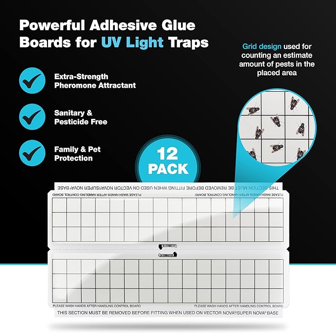 Catchmaster Vector Trap Replacement, UV Light Fly Traps for Home, Unscented Sticky Gnat Glue Boards for House, UV Lamp Insect & Mosquito Killer Refill, Adhesive Bug Light Boards, 12-Pack White