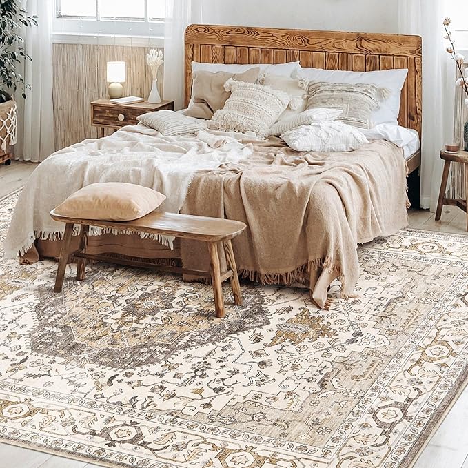 Area Rug for Living Room - 5x7 Soft Washable Oriental Vintage Floral Distressed Large Carpet - Fade Stain Resistant Non Slip Rugs for Bedroom Dining Room Nursery Dorm Office Home Decor-Camel/Beige