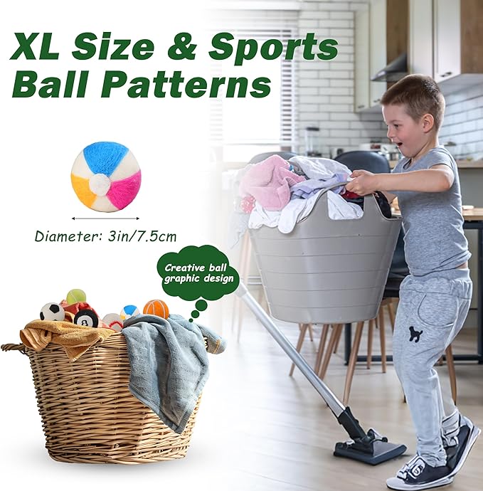 Wool Dryer Balls XL Size 6 Pack - Fun Dryer Balls with Ball Patterns Cute Dryer Balls Laundry Reusable Anti Static Handmade New Zealand Wool Balls (Ball Patterns with Primitive Color)