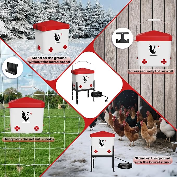 Heated Chicken Waterer, 1.8 Gallon Chickens Poultry Waterer with Nipples, Height Adjustable & Detachable Stand, All-Season Chicken Coop Waterers, Chicken Water Heater (7L, Red Cover)