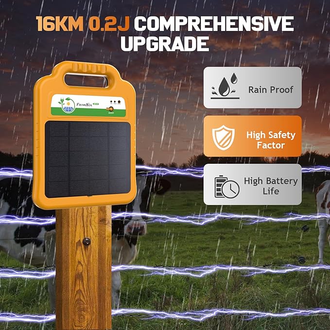 10 Miles Solar Electric Fence Charger, 8KV Output, 0.2 Joules Powerful Solar Fence Charger with Rechargeable Solar Panel for Livestock Garden Predator 24-Hour Uninterrupted Protection