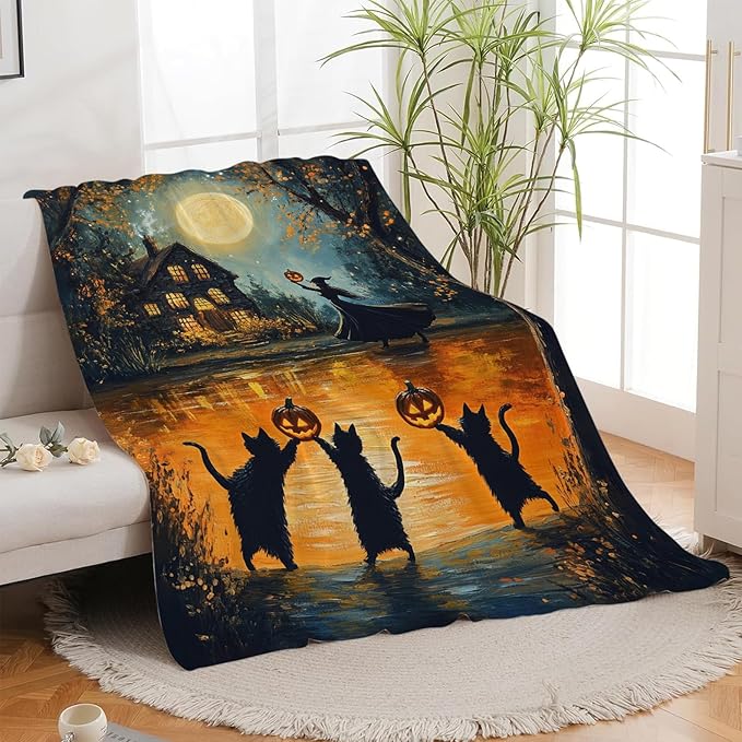 Halloween Cat Blanket, Pumpkin Black Cat Fleece Flannel Throw Blanket, Witch Soft Lightweight Stuff Throws Gifts for Women Men Boys Girls Lovers Adults Lovers Sofa Decor 80"x60"