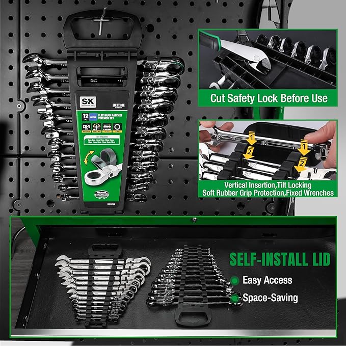 SK Flex-Head Ratcheting Wrench Set, Combination Wrench Set, 12-Piece, Metric 8 to 19mm, 72-Tooth, Premium CR-V Construction, with Rack Organizer
