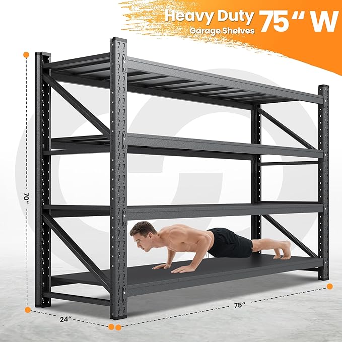 75”W Heavy Duty Metal Storage Shelves, 9000LBS Metal Garage Shelving Units, 24”Deep Rack Shelf, 4 Tier Steel Industrial Shelving , Adjustable Standing Shelf for Warehouse/Basement 75"W x 24"D x 70"H