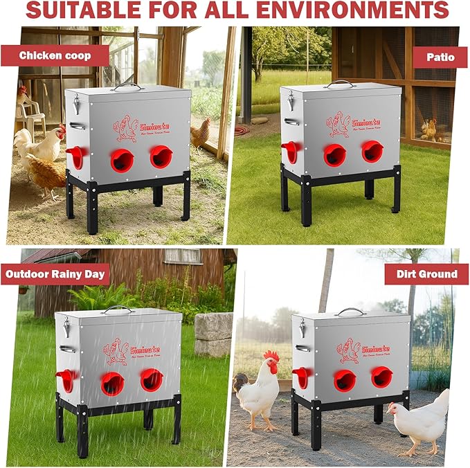 Automatic Chicken Feeder, 40 Lb Capacity 6 Port Large Metal Chicken Feeders, No Waste Poultry Feeder with Locking Lid & Legs, Large Chicken Feeder for Inside Chicken Coops