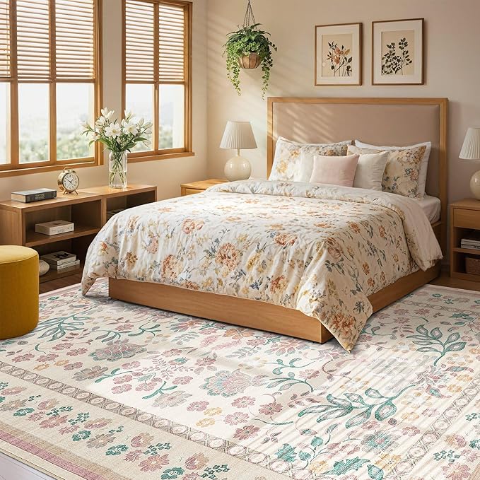 7x9 Area Rug Living Room Rugs - Washable Boho Vintage Floral Large Soft Non Slip Thin Rug Low Pile Carpet for Bedroom Dining Room Kids Playroom Office Decor Indoor- Pink