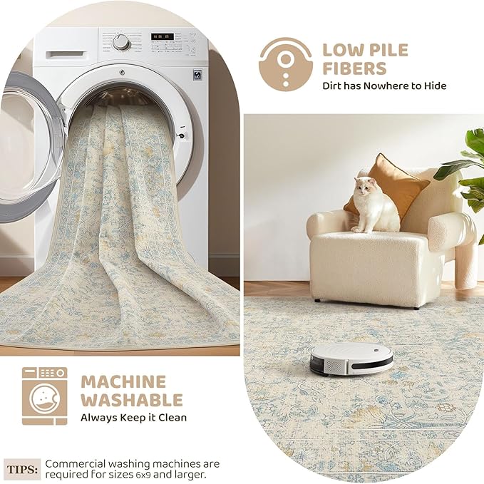 5x7 Area Rug Living Room Rugs - Washable Boho Vintage Floral Large Soft Non Slip Thin Rug Low Pile Carpet for Bedroom Dining Room Kids Playroom Office Decor Indoor- Light Blue