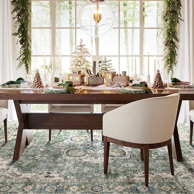 Area Rugs 9x12 Living Room - Large Washable Sage Green Boho Rugs for Bedroom Soft Vintage Rug Ultra-Thin Farmhouse Oriental Medallion Carpet Non Slip Rug for Dining Room Guest Room Home Decor