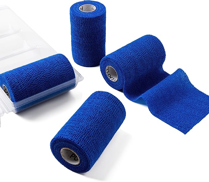 PowerFlex Equine – Extra Strong Self-Adhering Bandage Wrap – Wound Care, Compression & Support Bandage for Horses, Cows & Dogs – Blue, 4 inch, 4 Rolls (Resealable Case)